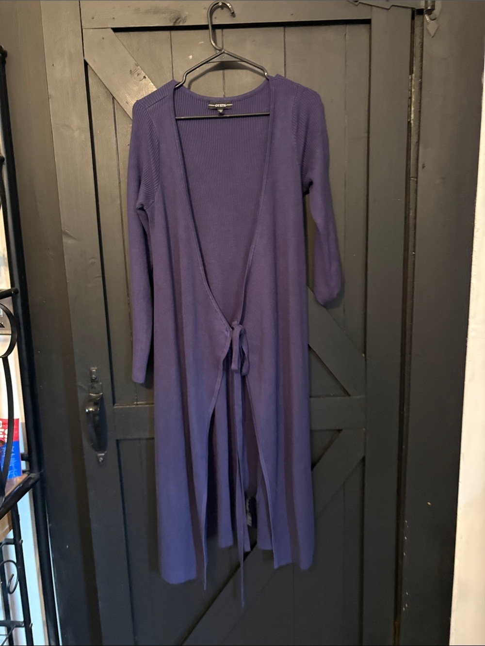 Long Purple Blue Tie-Front Ribbed Cardigan